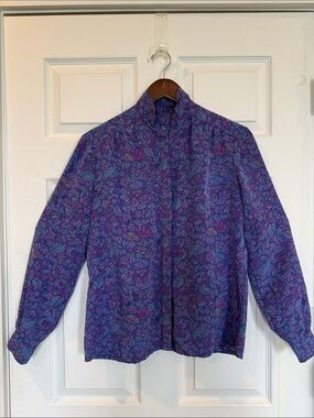 Vintage Purple Floral-Print Blouse, Size likely Small